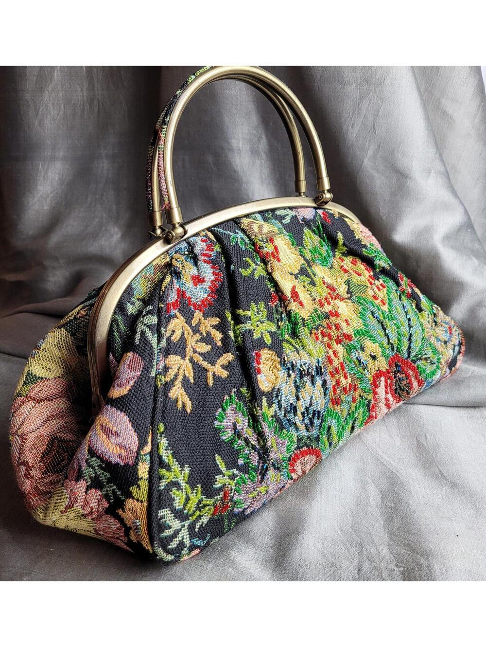 Vintage Style Floral Tapestry Beaded Satchel Handbag Metal Frame and Handles